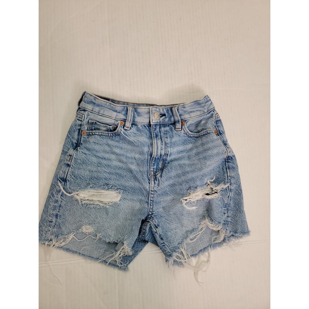 AMERICAN EAGLE Jean Baggy Mom Shorts Sz 000 High Rise Distressed Stretch AEO